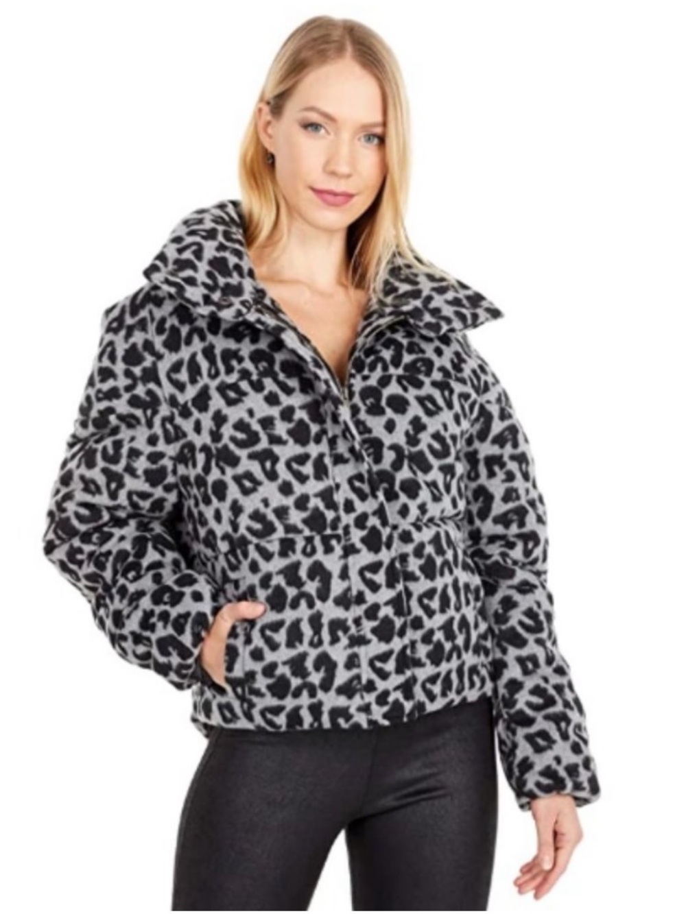 Apparis Chris Leopard Print Jacket Puffer Coat Noir Ash Grey Small $325